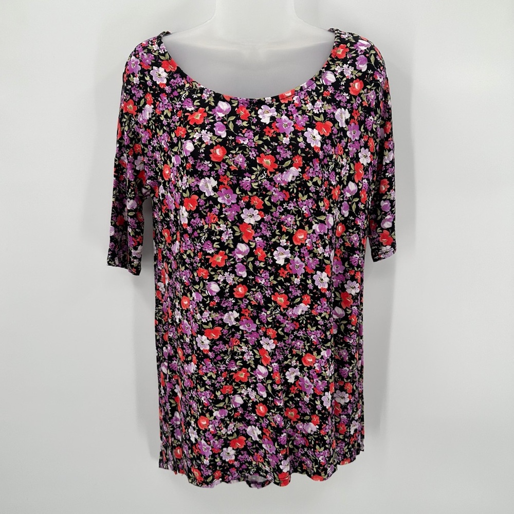 Agnes & Dora Top Womens S Black Floral Hi Lo Tee Tunic Rayon Spandex Knit
